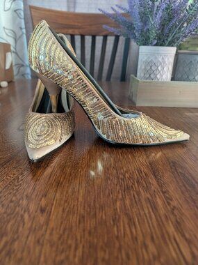 Anisette Champagne Gold Sequin Heels Women’s Elegant Formal  Evening Luxu